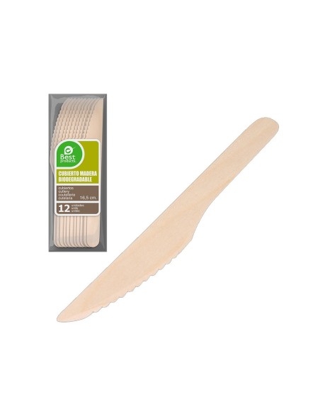 CUCHILLO DE MADERA BIODEGRADABLE 16.5CM BLISTER 12UDS