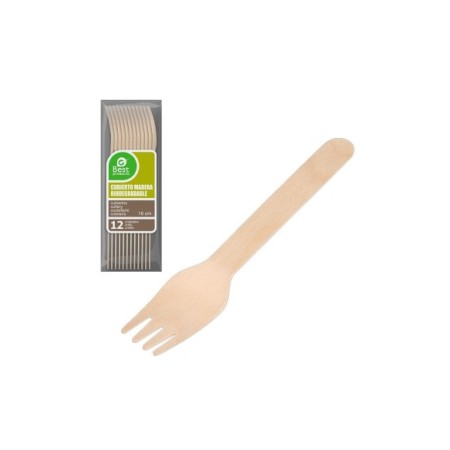 TENEDOR DE MADERA BIODEGRADABLE 16CM BLISTER 12UDS