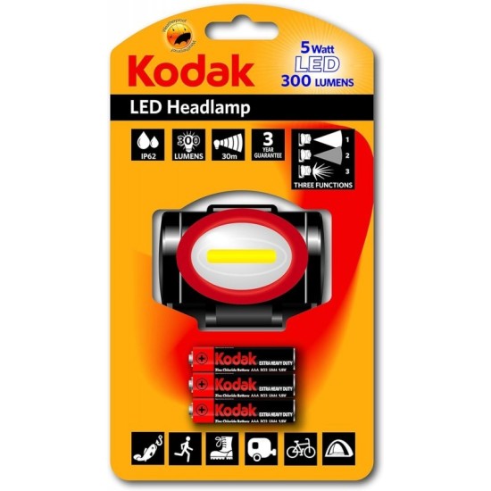 LINTERNA LED FRONTAL "KODAK" 3 FUNCIONES 300L CON PILAS INC.