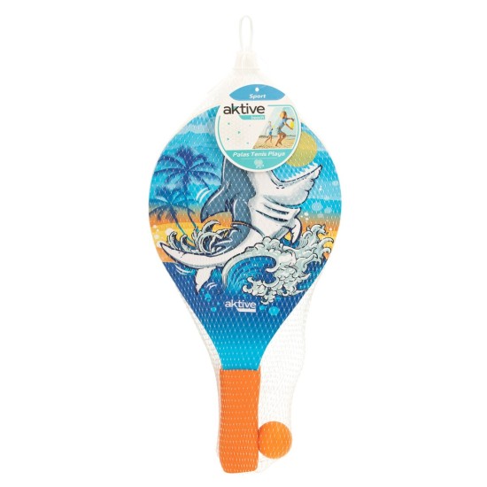 PALAS DE MADERA PLAYA 2UDS TIBURON 19.5X38X0.8CM C/PELOTA