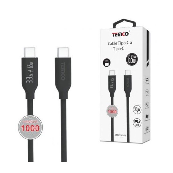 CABLE DE TELEFONO 3.3A 1M TIPO C A TIPO C 65W NEGRO 65103 C/10