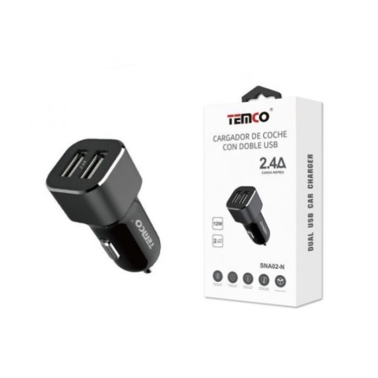 CARGADOR DE TELEFONO PARA MECHERO "SIN CABLE" 2.4A NEGRO  2USB 12W SNA02 C/10
