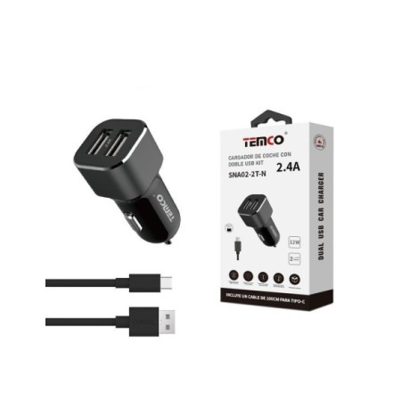 CARGADOR DE TELEFONO 2.4A "CON CABLE" 2USB 12W TIPO C NEGRO SNA02-2T C/10