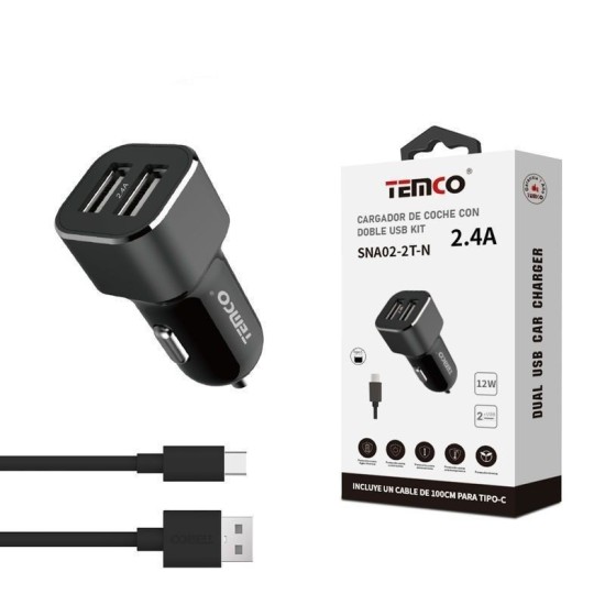 CARGADOR DE TELEFONO 2.4A "CON CABLE" 2USB 12W TIPO C NEGRO SNA02-2T C/10
