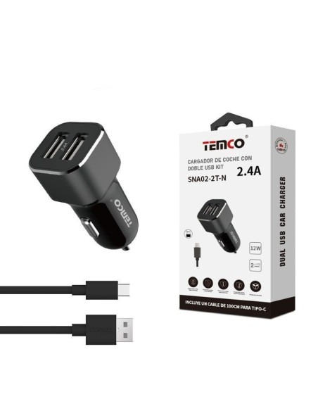 CARGADOR DE TELEFONO 2.4A "CON CABLE" 2USB 12W TIPO C NEGRO SNA02-2T C/10