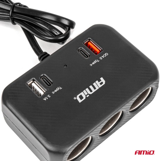 TOMA DE MECHERO 3 SALIDAS 120W + 2USB QC4.0+ 2 TIPO C 12/24V C/6