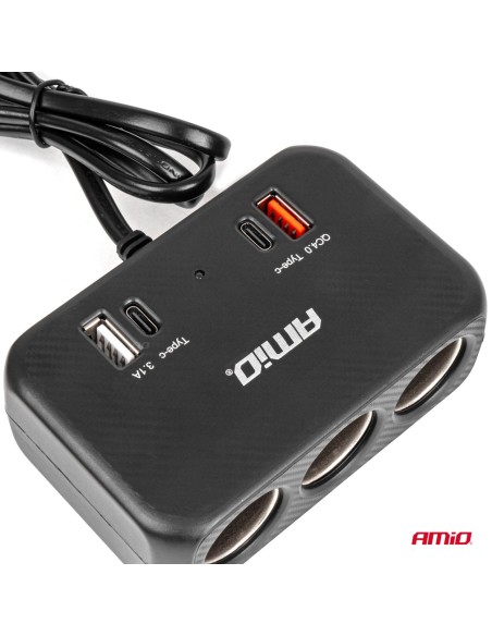 TOMA DE MECHERO 3 SALIDAS 120W + 2USB QC4.0+ 2 TIPO C 12/24V C/6