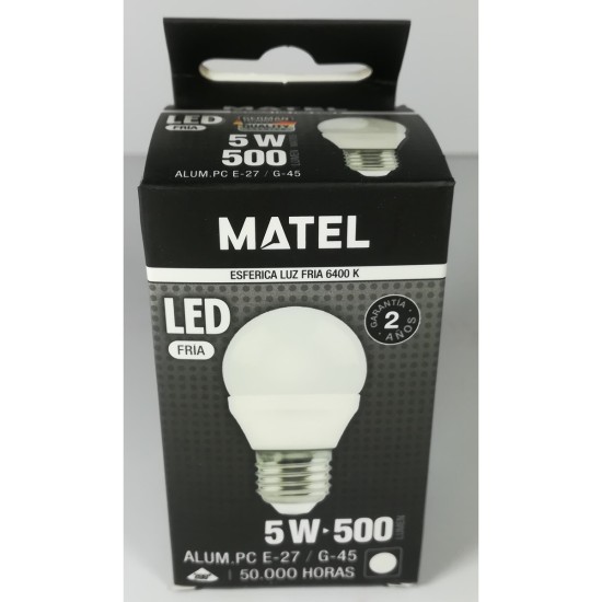 BOMBILLA LED ESFERICA E27 G-45 5W FRIA C.ANCHO