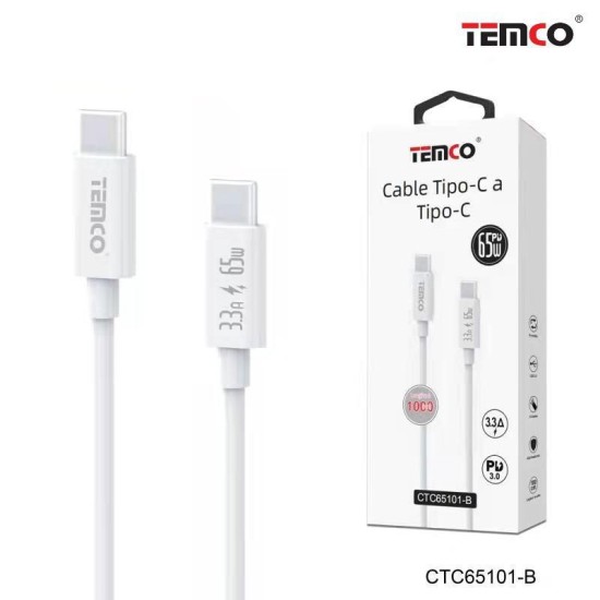 CABLE DE TELEFONO 3.3A 1M TIPO C A TIPO C 65W BLANCO 65103 C/10
