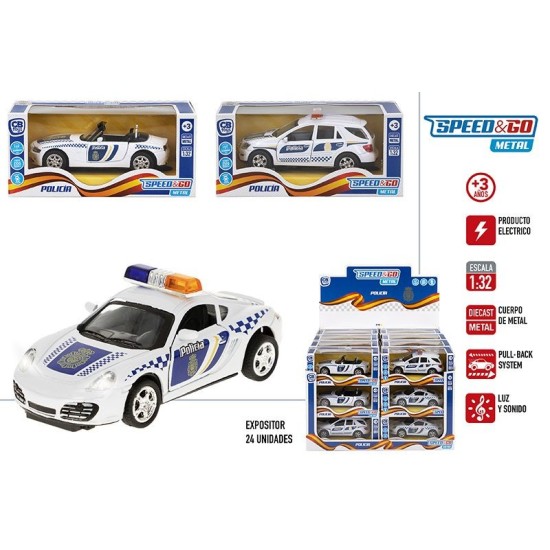 COCHE POLICIA METAL 1:32 LUZ Y SONIDO 3/SURT EXP.24UDS